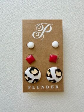 Cheetah Print, Red Square and White Circle Stud Earrings - Set of Three